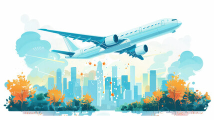 Colorful illustration of a passenger airplane soaring above a modern cityscape with autumn foliage and abstract clouds.