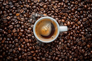 Fototapeta premium White coffee, steam. Flat lay. Roasted beans as surface. Copy space