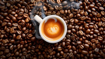 Fototapeta premium White coffee, steam. Flat lay. Roasted beans as surface. Copy space. Cafeteria concept