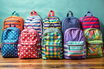 Colorful Patterned Backpacks Displayed on Wooden Surface