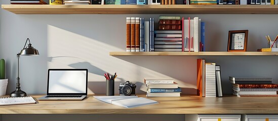 A student's study nook with a wall shelf of textbooks, a notepad, and a laptop, with copy space on the left for text