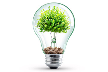 A small tree growing inside a light bulb, symbolizing green energy and sustainability.