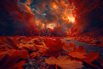 Cozy autumn cottage in red forest with vibrant foliage, dramatic sky, and rustic cabin creating a serene fall scenery perfect for seasonal imagery.