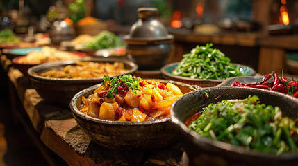 Obraz premium Delicious Array of Classic Dishes Chinese New Year Decoration On Blurry Background