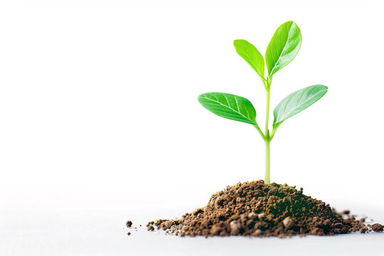 A small green plant sprout emerging from a pile of soil against a white background.  The image represents growth, new beginnings, and sustainability.