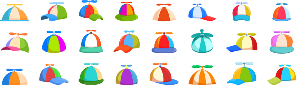 Cap propeller icons set. Collection of vibrant and playful propeller hats, showcasing a variety of styles and colors, ideal for adding a touch of whimsy and lightheartedness to designs