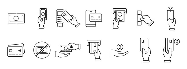 Simple Set of Money Related Vector Line Icons. Contains such Icons as Wallet, ATM, Bundle of Money, Hand with a Coin and more.