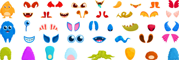 Monster creation icons set. Cartoon monster body parts set for creating funny faces and expressions, allowing for endless combinations and imaginative character designs © nsit0108