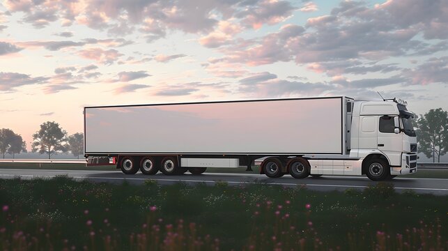 Truck driving on the asphalt road rural landscape. Big truck with semi-trailer mockup. White long delivery truck. White empty mock-up truck. Concept truck transportation. 