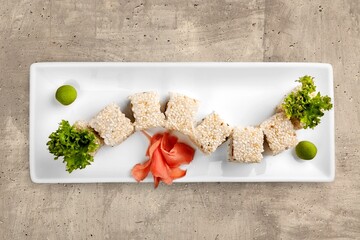 Tasty fresh Salmon sushi on plate