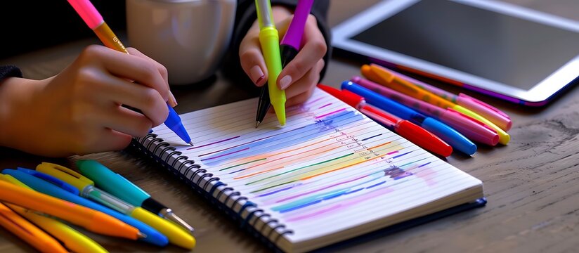 A student using a variety of colored pens and highlighters to take notes in a spiral notebook, with a tablet and coffee cup on the desk