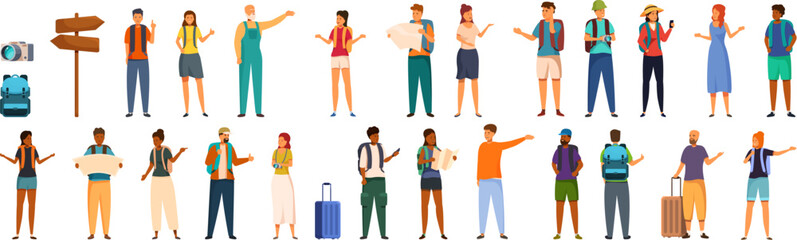 Fototapeta premium Tourist ask icons set. Diverse group of people traveling together, asking for directions, checking the map, taking pictures and enjoying their trip
