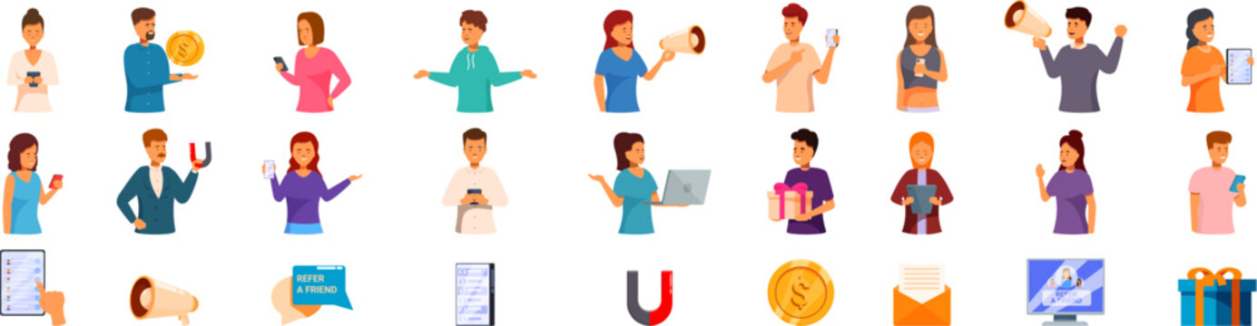 Referral network icons set. People attracting clients using referral marketing program, giving presents and bonuses for recommendation