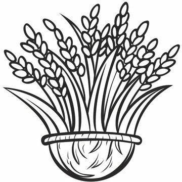 recommend clip art: Black and white line art depicting a basket filled with wheat ears, symbolizing agriculture, harvest, and farming.