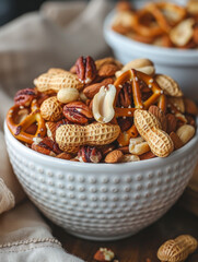 A white bowl filled with mixed nuts and pretzels.