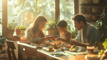 Mexican family enjoying breakfast together
