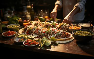 Table laden with festive taco bar. Generative AI