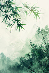 Delicate bamboo stems and leaves depicted in a serene watercolor painting with soft green hues