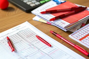 A teacher's desk with a stack of homework assignments, red pens, and a grading rubric, with copy space on the right for text