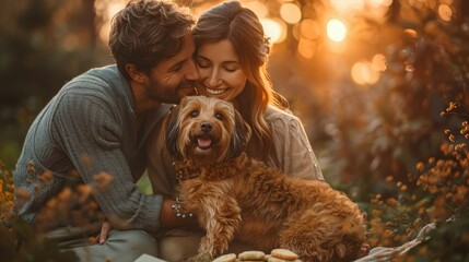 Man kissing his happy pregnant wife, couple embracing on a picnic in a park with their dog.