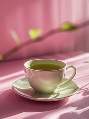 A porcelain green cup of tea on a pink table with soft lighting.