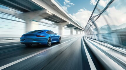 A blue sports car is driving down a highway