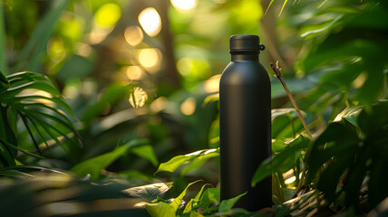 A stainless steel water bottle amidst lush green foliage outdoors.