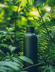 A black stainless steel water bottle in lush green foliage.