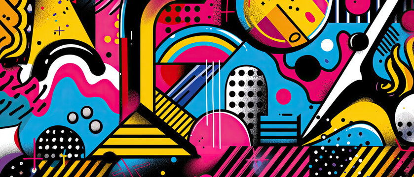 Fototapeta colorful pop art vector abstract pattern wide illustration with simple random shapes, bold outlines and flat colors in a bright icon style