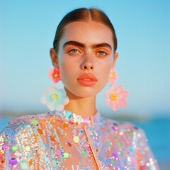 Fototapeta premium Elegant woman with floral earrings and sequin top at sunset. Vibrant summer fashion with a touch of sophistication.
