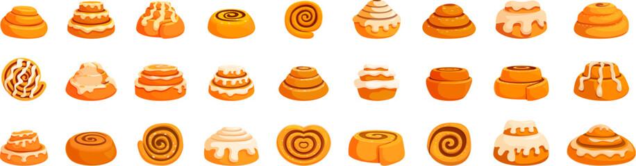 Cinnamon bun icons set. Freshly baked cinnamon rolls with white icing, perfect for a bakery menu or website