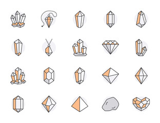 Crystals flat line icons set. Mineral rock, diamond shape, salt, abstract gemstone, magic crystal vector illustrations. Thin signs for geology or jewelry store. Orange color. Editable Strokes