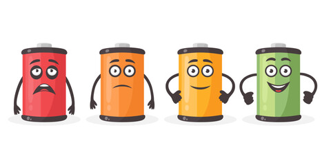 Low Battery and Full Battery Character Set. Funny Battery Characters with Full, Slightly Depleted, Nearly Depleted and Completely Depleted Low Charge. Vector Illustration