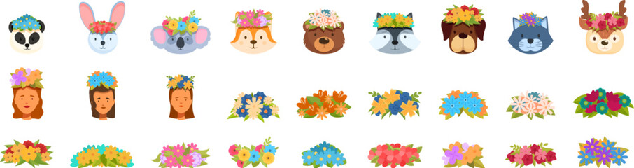 Naklejka premium Flower crown icons set. Set of various cute animals and young women wearing flower crown with beautiful floral arrangement illustration