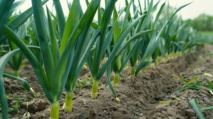 Obraz premium Close-up view of young leek plants growing in rich, fertile soil in a cultivated agricultural field
