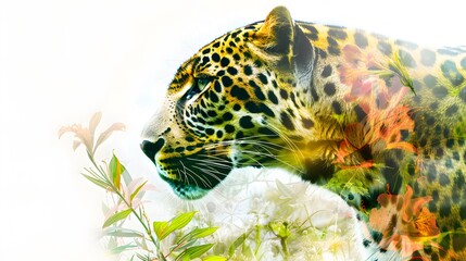 Double exposure of leopard's face in profile and tropic flower forest, isolated on white background.