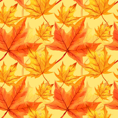 watercolor seamless pattern with autumn leaves, orange maple leaves, hand drawn illustration of yellow and orange autumn leaves, sketch pastel yellow background, for autumn posters