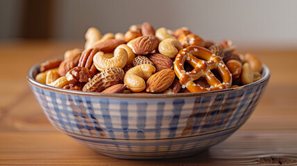 Fototapeta premium A bowl filled with assorted nuts and pretzels on a wooden table.