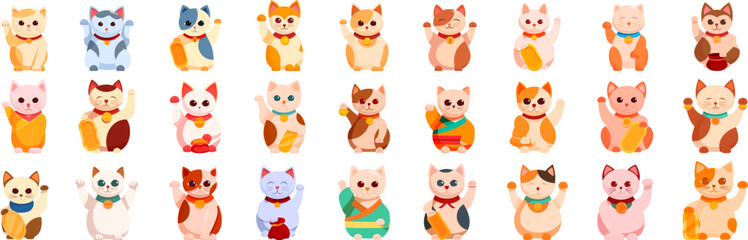 Maneki icons set. Set of adorable beckoning cats in different colors and styles, a popular japanese figurine believed to attract good fortune and prosperity