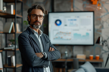 A middle-aged businessman with a beard and glasses stands with his arms crossed in a modern office. He looks confidently at the camera, standing in front of a monitor displaying charts and graphs