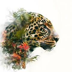 Double exposure of leopard's face in profile and tropic flower forest, isolated on white background.