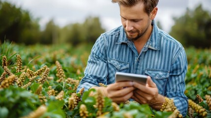 Fototapeta premium Man in a denim shirt using a smartphone in a lush soybean field, agriculture-related