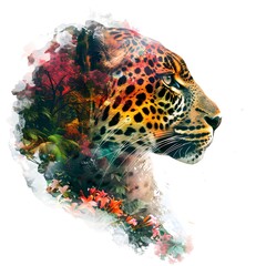 Double exposure of leopard's face in profile and tropic flower forest, isolated on white background.