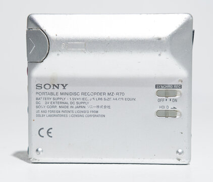 kent, uk 01.01.2024 A Sony MZ R70 portable minidisc player Recorder with ac power and control unit. vintage retro portable obsolete technology. japanese music tech.