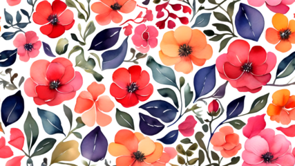 Beautiful colorful flowers and leaves flower pattern background Floral pattern illustration isolated on transparent background