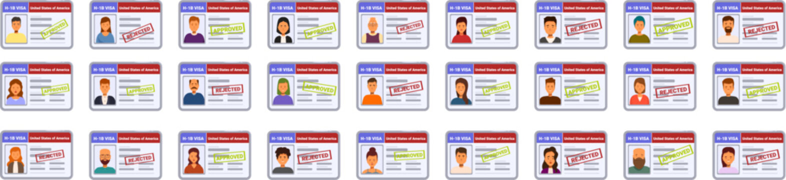 h1b icons set. Illustration featuring a collection of united states visa cards, some marked as approved and others as rejected, symbolizing the complexities of immigration