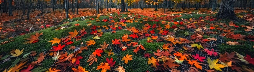 Vibrant autumn leaves scattered across a forest floor, showcasing the rich and colorful beauty of the fall season.