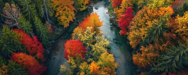 Aerial view of a river flowing through a stunning autumn forest with vibrant colors of red, orange, yellow, and green foliage in full display.