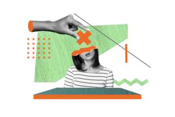 Collage picture of black white gamma arm fingers hold x mark instead depressed girl head isolated on painted background