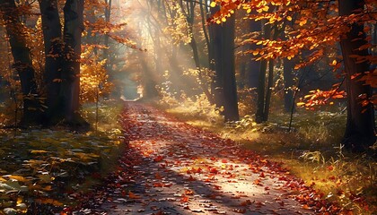 A tranquil forest path with autumn leaves and dappled sunlight.